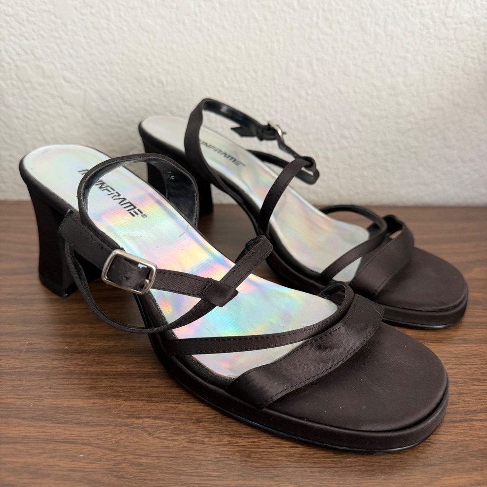 Black Satin Holographic Strappy Block Heel Sandals Women's 8.5M Y2K Mainframe